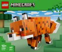Set LEGO Minecraft d'un renard orange à taches brunes, queue et pattes blanches, dans un environnement boisé.