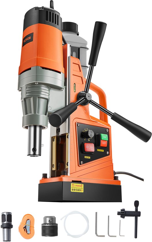 Oranje VEVOR professionele kernboormachine met accessoires: boorkop, band, inbussleutels en handvat. Witte achtergrond.