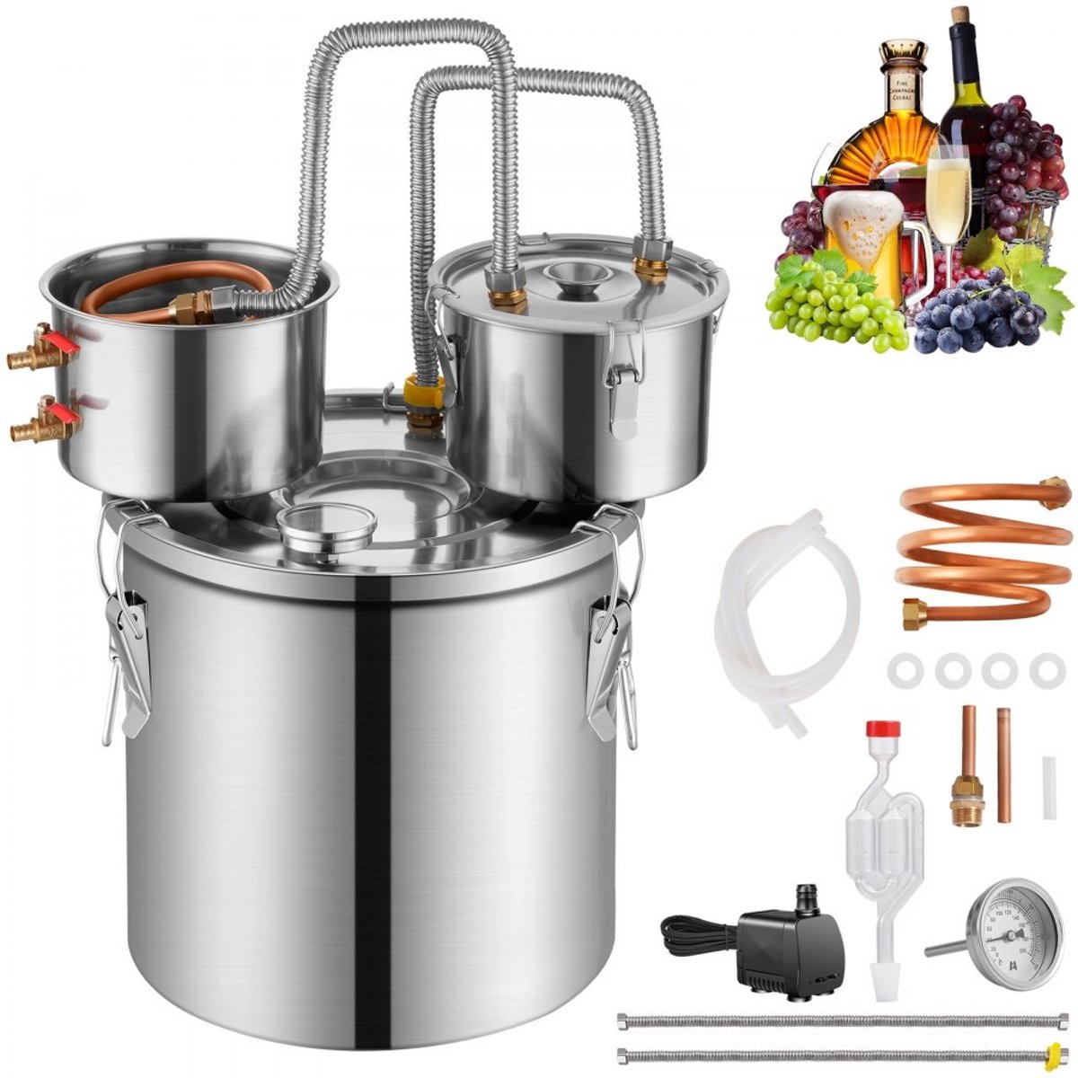Alcohol distilleerapparaat - Distilleerketel 11,4 L - Dubbele condensor - Snelle koeling - Secundaire distillatie - Voor water/wijn/whisky/brandewijn - Zilver