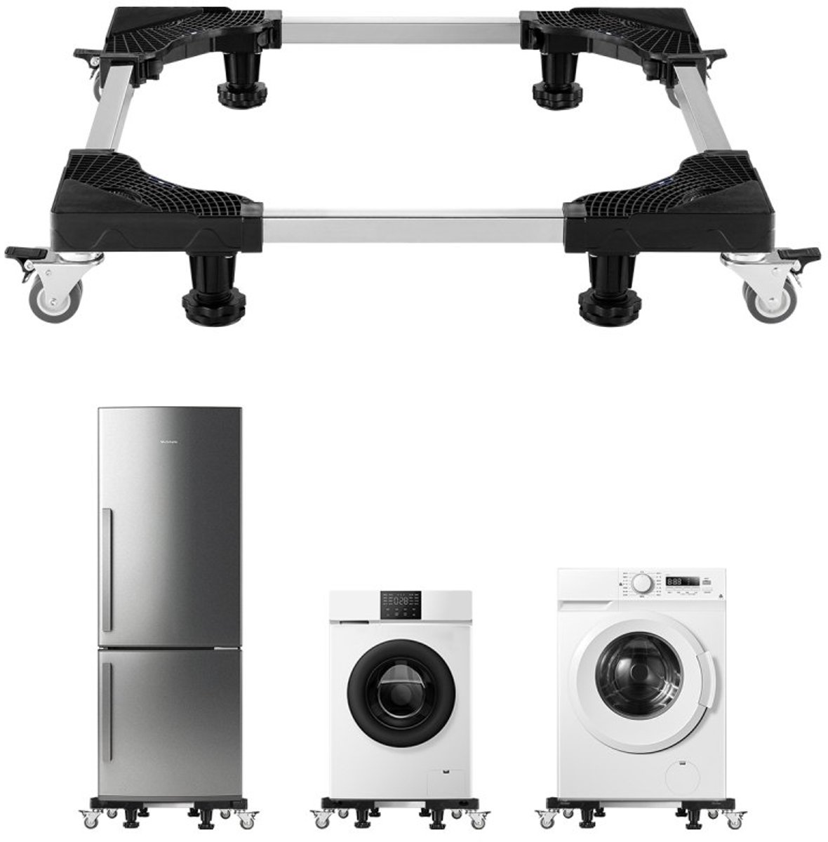 Wasmachine Onderstel - Verrijdbare Basis - Verstelbaar 69,85–89,9 cm - 500 kg Draagvermogen - Dubbele Vergrendelbare Wielen - Voor Wasmachine, Koelkast en Droger