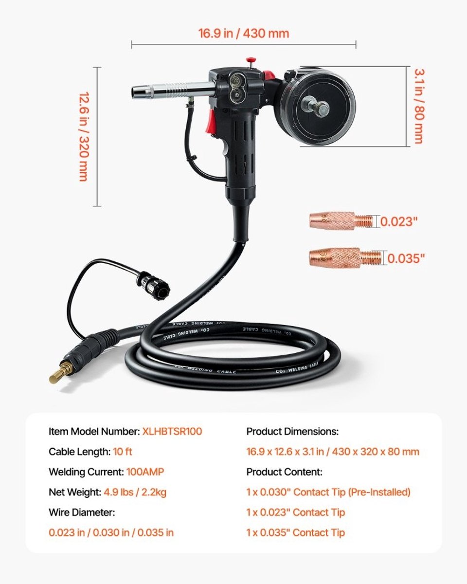 MIG/MAG Laspistool - 100A Toorts - 3 m Kabel - Geschikt voor 0,6/0,8/0,9 mm Lasdraad - Voor Gevulde Draad/Massief/Aluminium - Compatibel met MIG/MAG-lasmachines