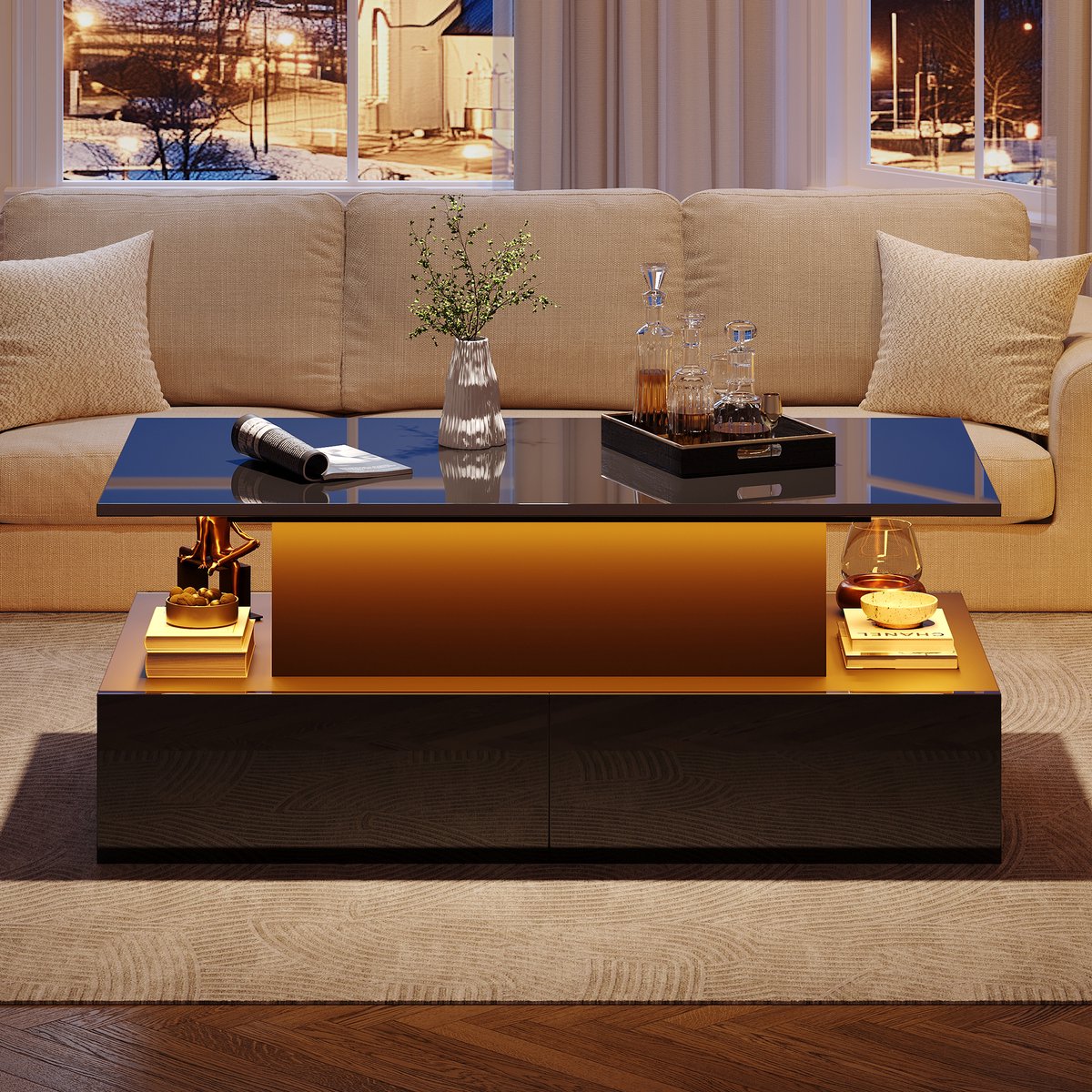 MODFU Zwarte hoge glans salontafel 90x55x41 cm met LED-verlichting, 4 lades en opbergruimte, modern design tot 30 kg draagvermogen