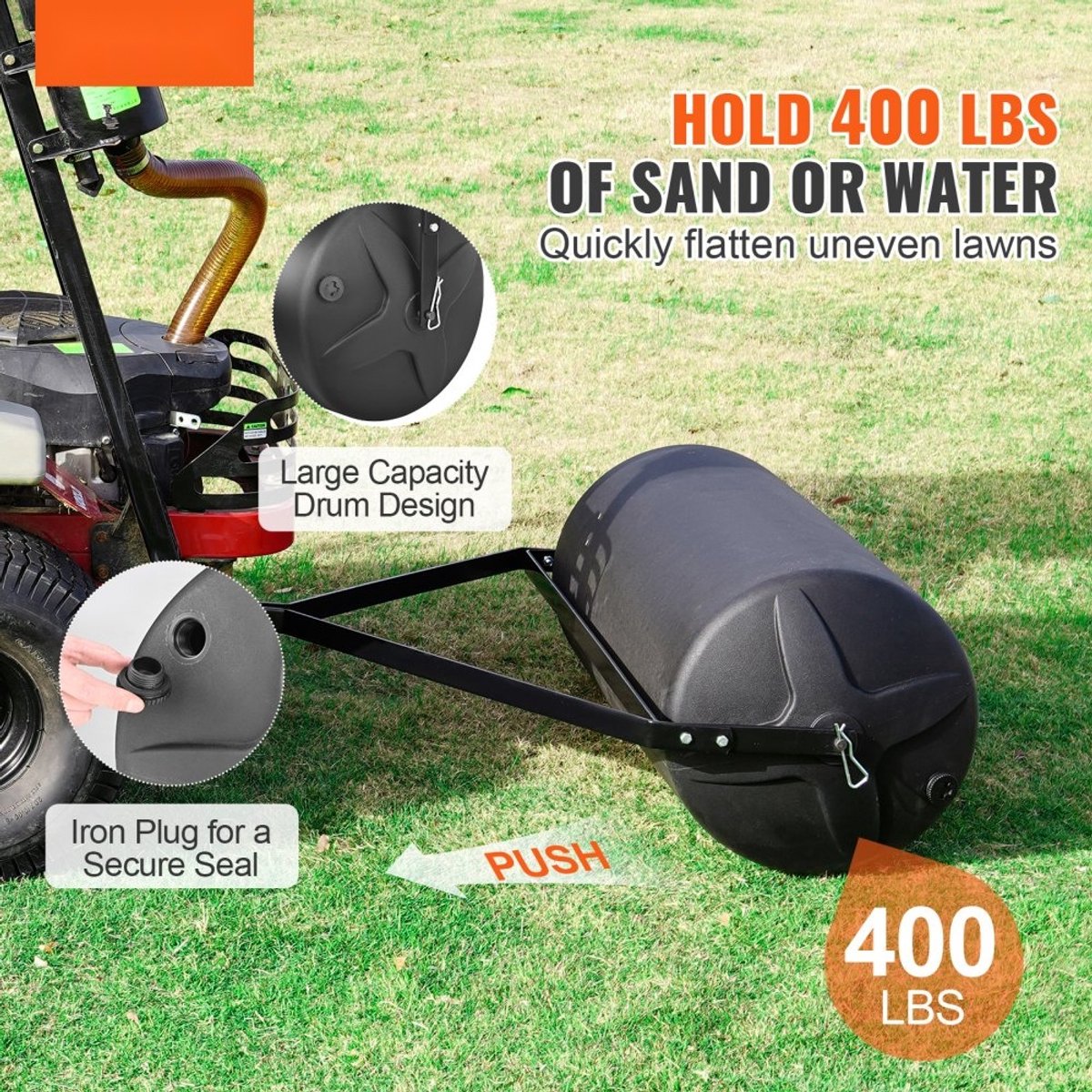 Gazonroller Tuinwals - Hand- en Aanhangmodel - Vulbaar tot 181 kg met water/zand - 2 Vulopeningen - LLDPE + Q235-staal - 124 x 115,8 x 44,5 cm - Voor ATV/tractor