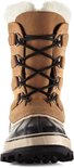 Voorkant van bruine Sorel snowboot met veters, zwarte rubberen neus en witte wolachtige voering.