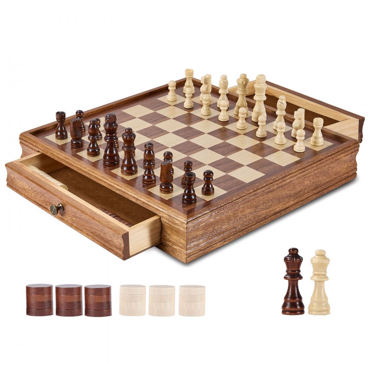 Schaakset - 2-in-1 Schaak- en Damspel - Massief Hout - 38 cm Schaakbord - Met Opberglade - Incl. Schaakstukken en Damstenen - Voor Beginners en Gevorderden