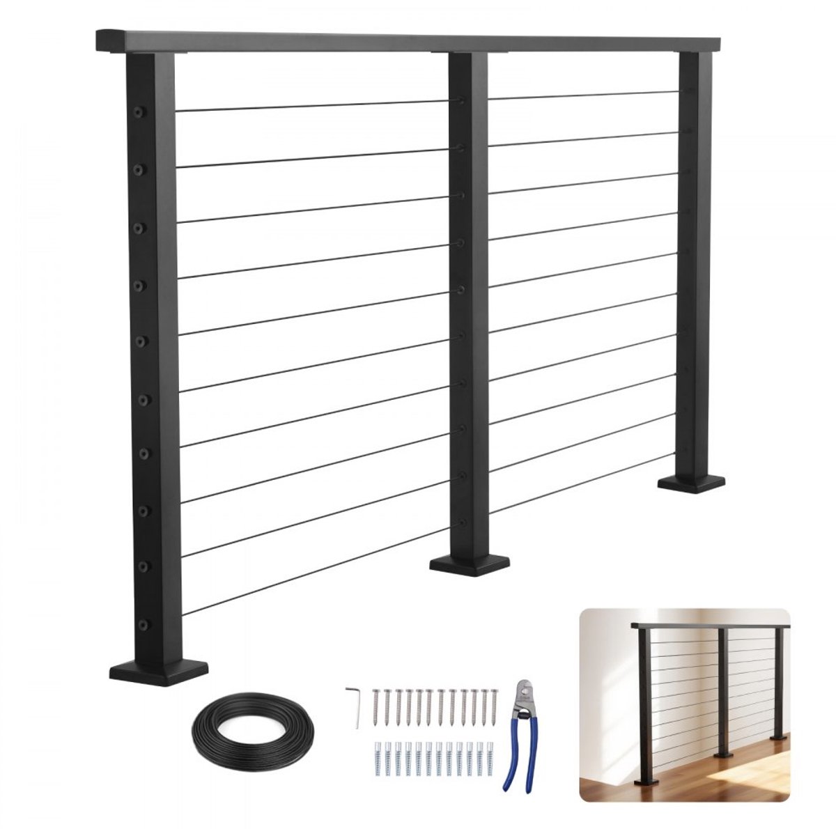 Trapleuning en Balustrade - Complete Leuningset Met Palen - RVS - Voor Trappen, Terras en Balkon - Horizontale Gaten - Afmeting 50x25x1981 mm - Mat Zwart
