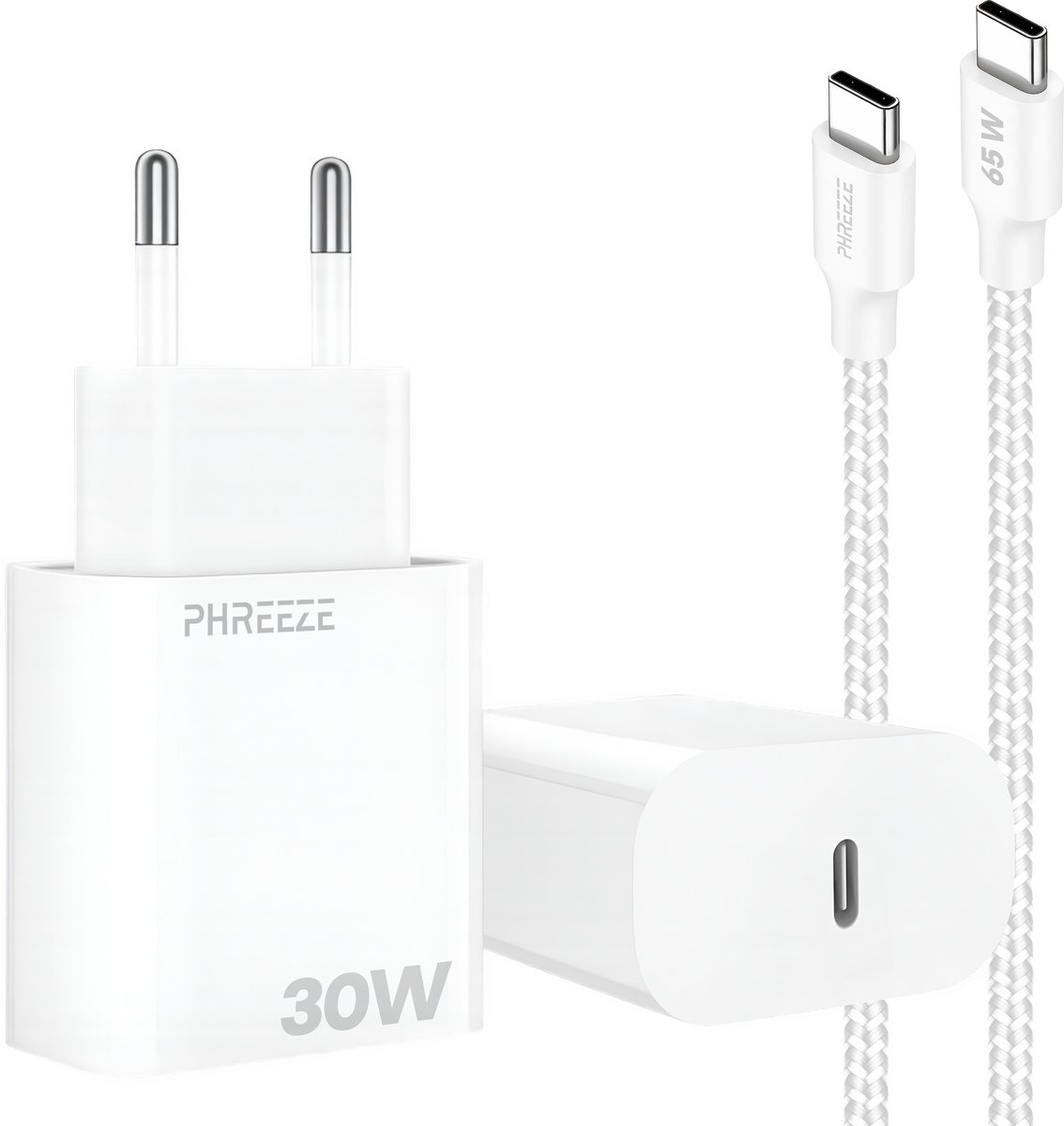 30w oplader met usb C poort met usb C kabel 1 meter gevlochten wit