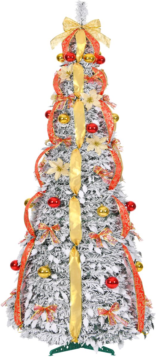 Aufun Kunstkerstboom 180 cm Pop-up kerstboom Kerstdecoratie met LED-lampje en lint, strik (bevlokt, rood en goud zijden lint)