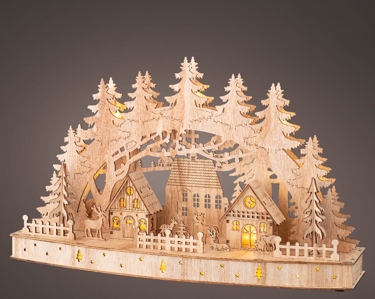 Sfeervol houten kerstlandschap met LED-verlichting – 44 cm breed, FSC-gecertificeerd en met timerfunctie