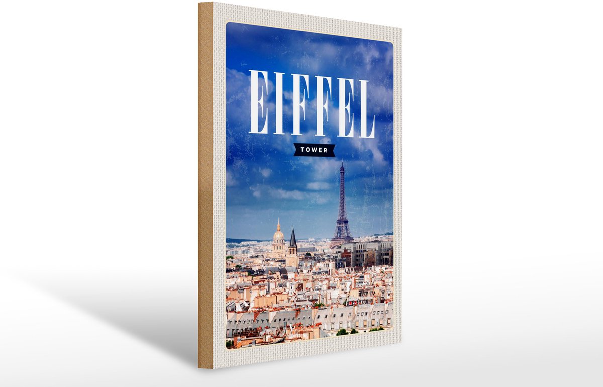Holzschild Reise 30x40cm Eiffel tower Panorama Bild Retro