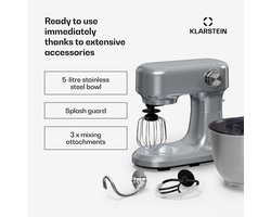 Klarstein Bella Evo 1500W keukenrobot – 5L roestvrijstalen kom, 12 snelheden, planetaire mixfunctie, pulsefunctie, deeghaak, klopper & garde, keukenrobot voor bakken, zilver