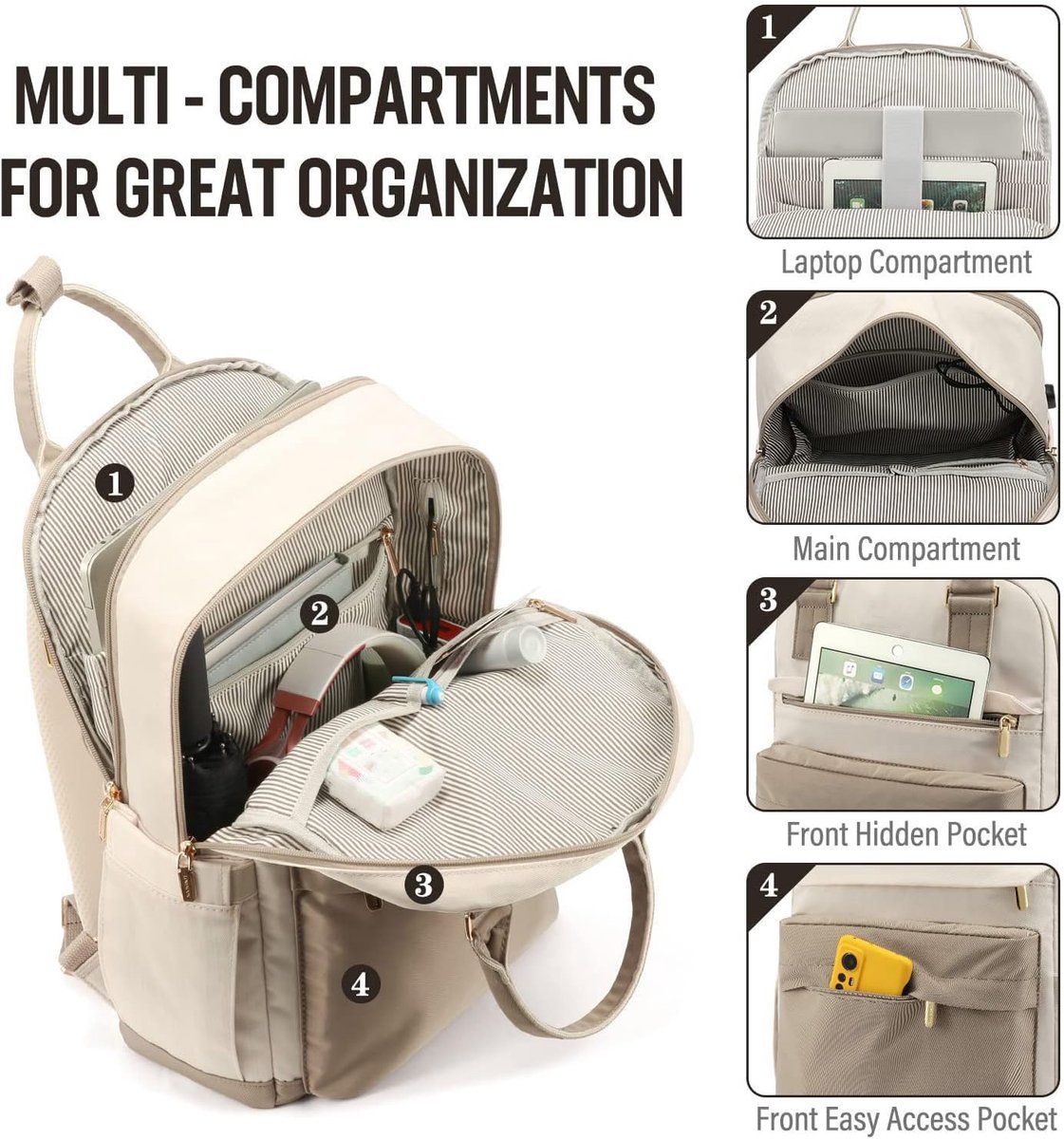 Rugzak Voor Dames - Rugtas - Grote 40l Reistas Met Laptopvak - Comfortabele Schoolrugzak Voor School Universiteit En Dagelijks Reizen - Ruime Waterafstotende Backpack In Beige – foto 4