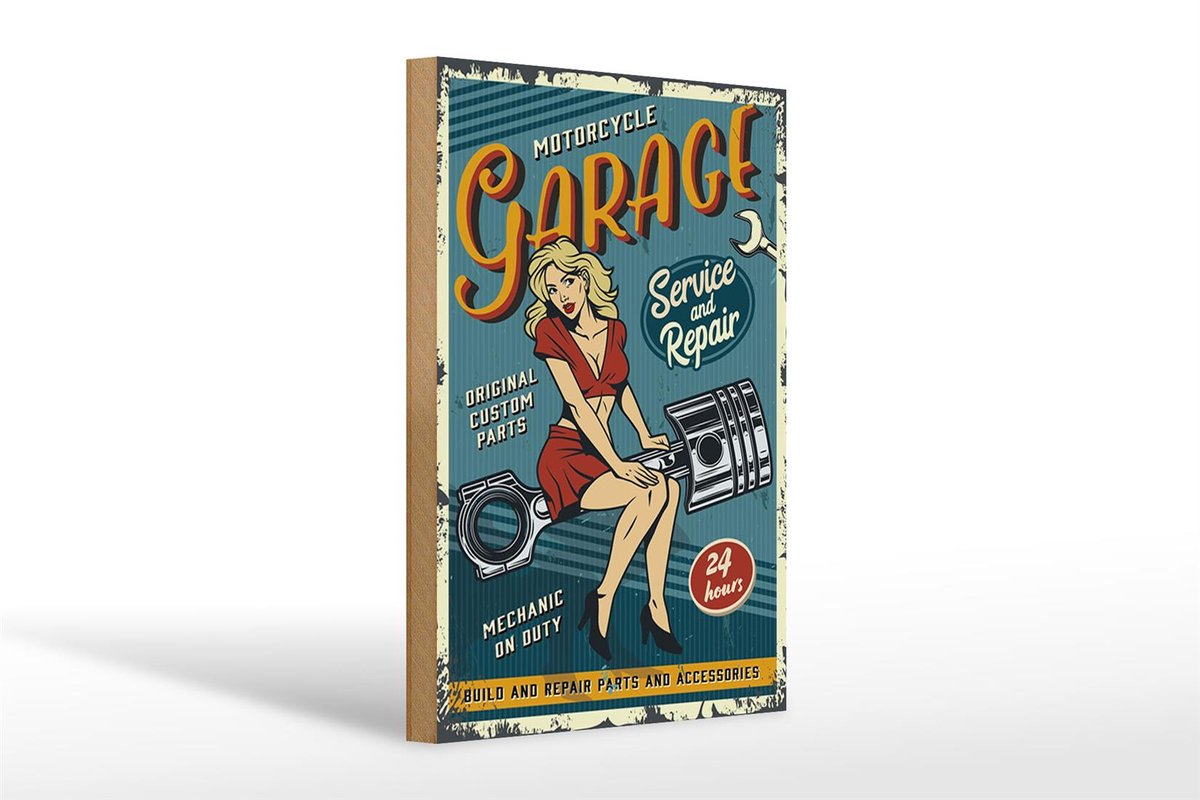 Holzschild Retro 20x30cm Pinup motorcycle Garage 24 service