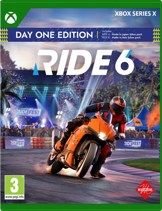 Doos van RIDE 6 Day One Edition voor Xbox Series X met motorrijder.
