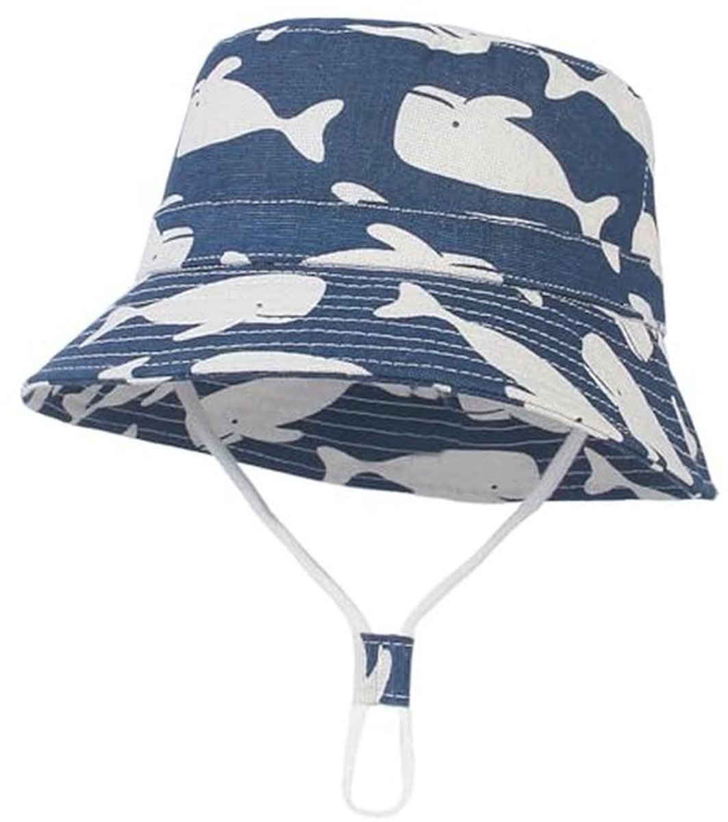 Vissershoedje voor Kinderen 3-8 Jaar - Blauw Dierenprint - Opvouwbaar Katoenen Anti-UV Zonnehoed
