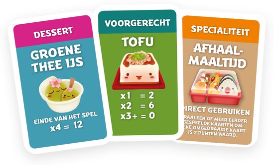 Drie kaarten met eten: groene thee ijs, tofu, en een afhaalmaaltijd.