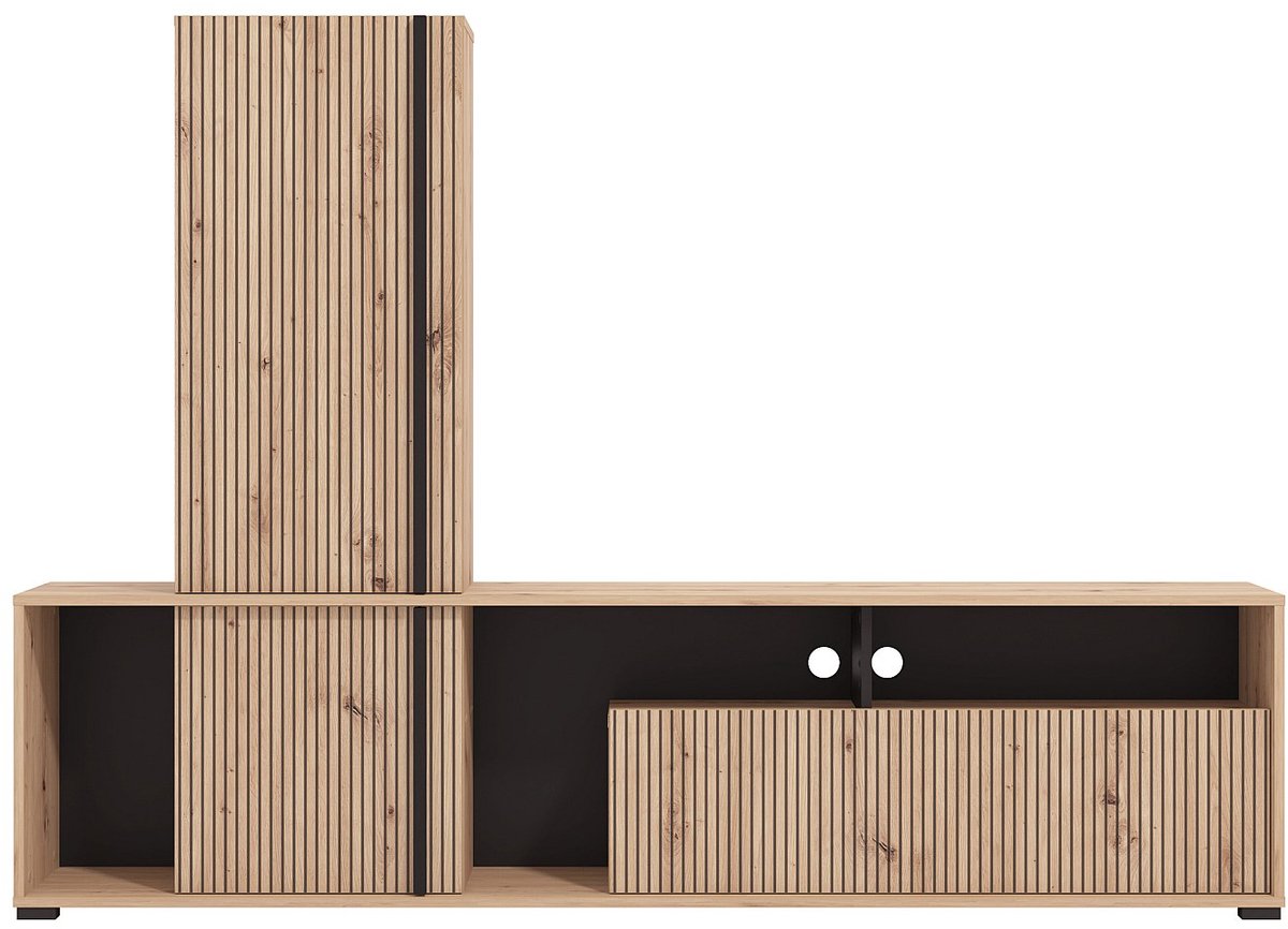 Vente-unique Tv-wand met 3 deurtjes en 3 vakken - Lichte houteffect en zwart - BELUTZY Zwart, Natuurlijk licht