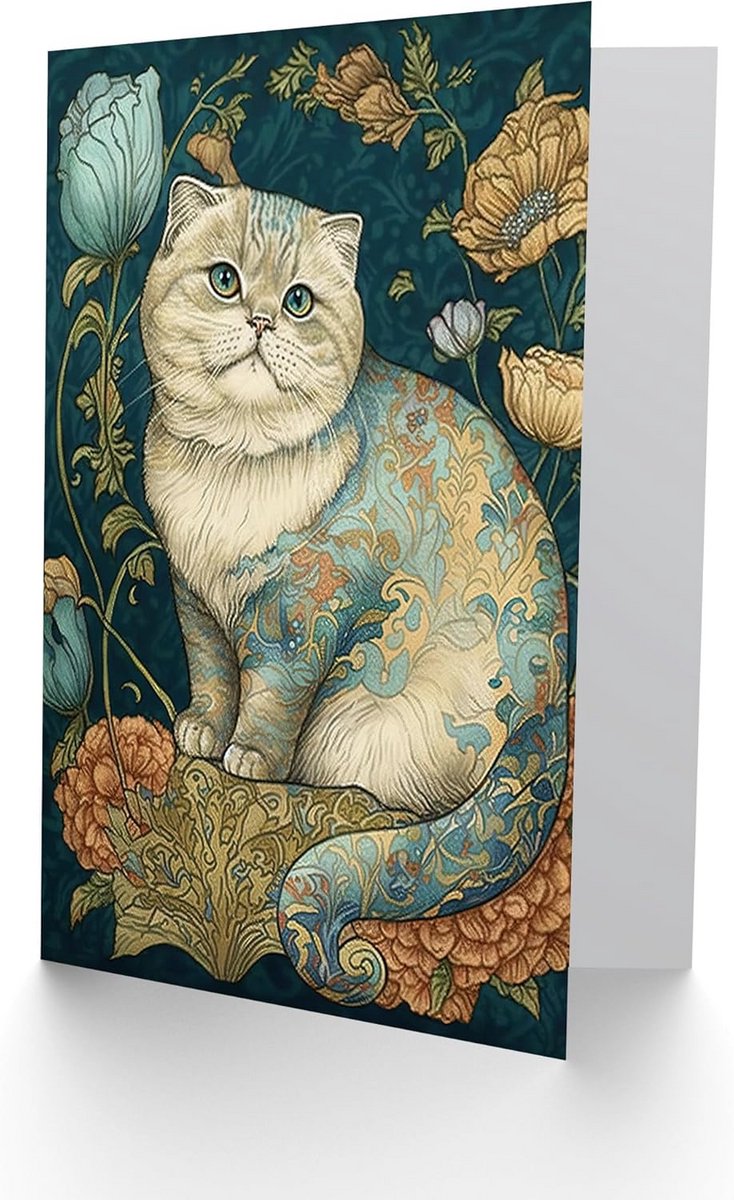 Wenskaart Kat met Bloemmotief William Morris Stijl Leuk en Kleurrijk
