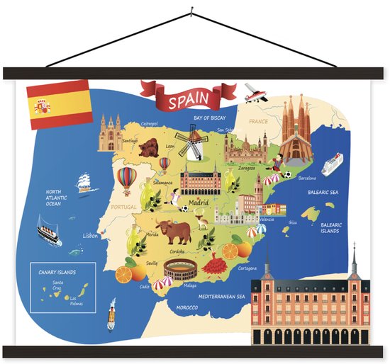 Carte d'Espagne avec illustrations de sites scolaires assiette plate lattes noires 40x30 cm - petit - Tirage photo sur affiche textielposter (décoration murale salon / chambre)