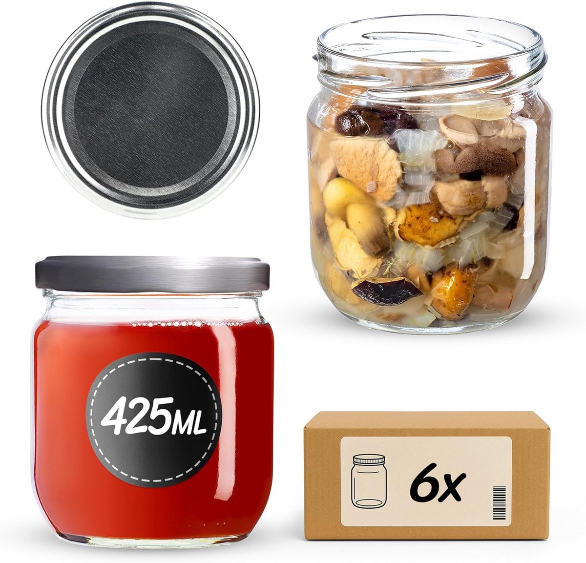 6 Stuks 425 ml Inmaakpotten met Schroefdeksel - Conservenpotten voor Jam en Honing