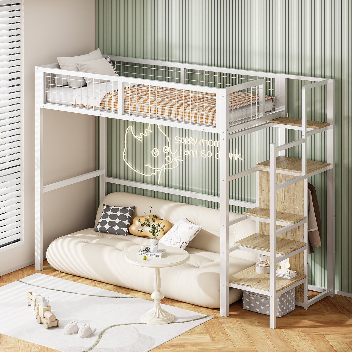 OKWISH Hoogslaper 90x200 cm – Met Veiligheidsladder – Opbergruimte Met Kast Onder Trap Voor Studie/Spelruimte – Metaal – Wit – Zonder matras
