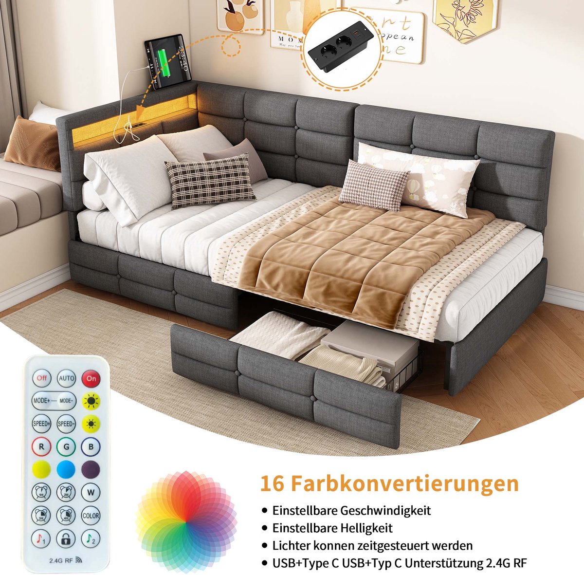 ROSAHQNDA Gestoffeerde slaapbank van 90x200 cm - met ledverlichting en USB-poort - met 2 lades - eenpersoonsbed - tienerbed - grijs - linnen stof