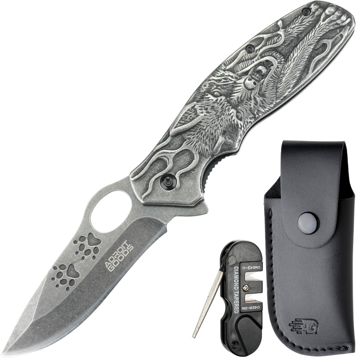 AdroitGoods RVS zakmes met 3D wolfgravure – incl. hoes en slijptool - premium roestvrijstalen opvouwbaar outdoor mes - Artistiek reliëf handgreep, duurzaam, ergonomisch