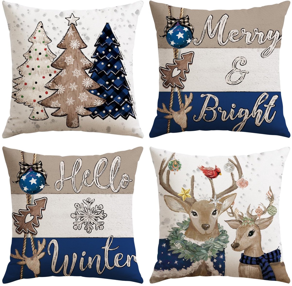 Unyqoos Set van vier kerstkussenhoezen met winterse print voor huisdecoratie Donkerblauw