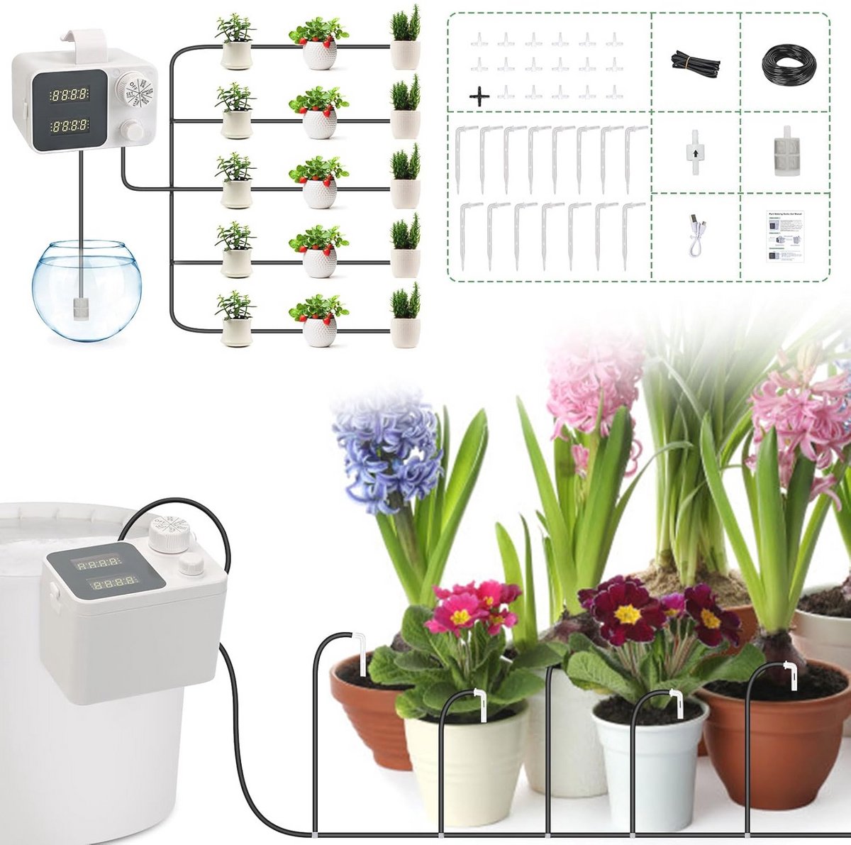 Automatisch Tuinirrigatiesysteem met Instelbare Sproeikop - 20 m Irrigatiekit voor Binnenshuis en Tuin
