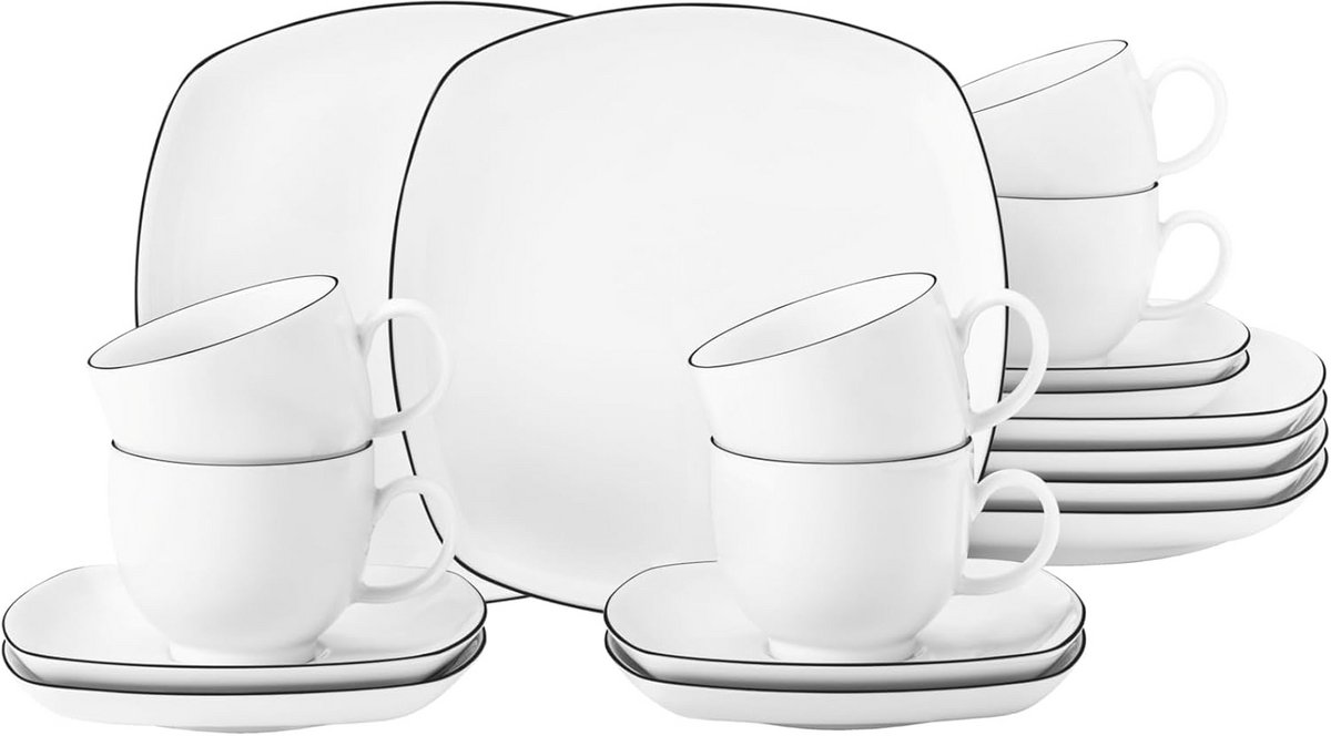 18-Delig Koffieservies Wit Zwart Hoogwaardig Porselein