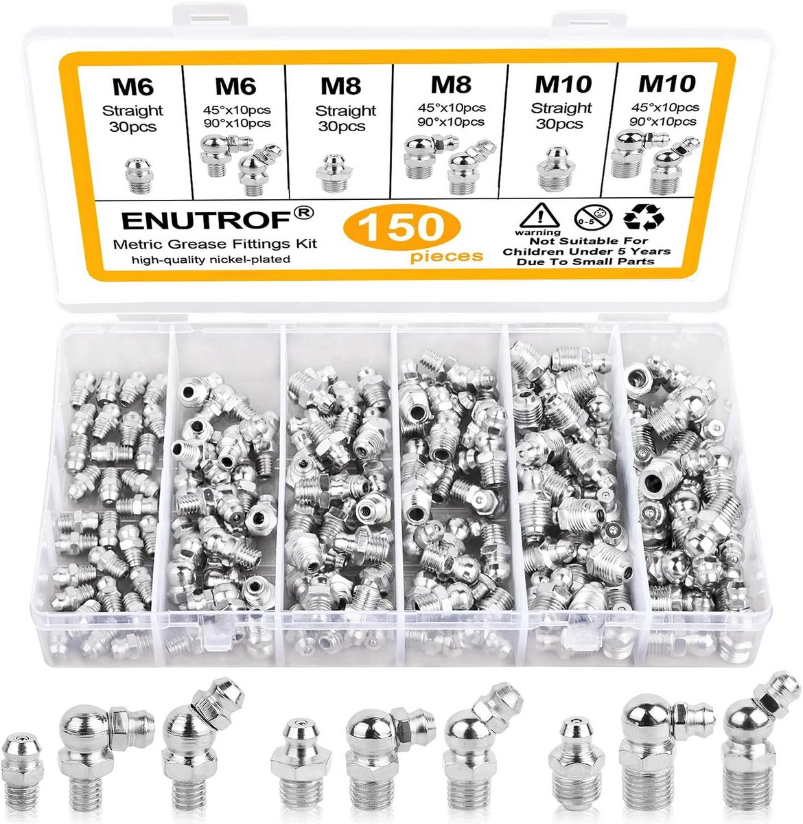 Assortiment Smeernippels (150 stuks) - M6, M8, M10 Hoek- en Rechte Vetnippels