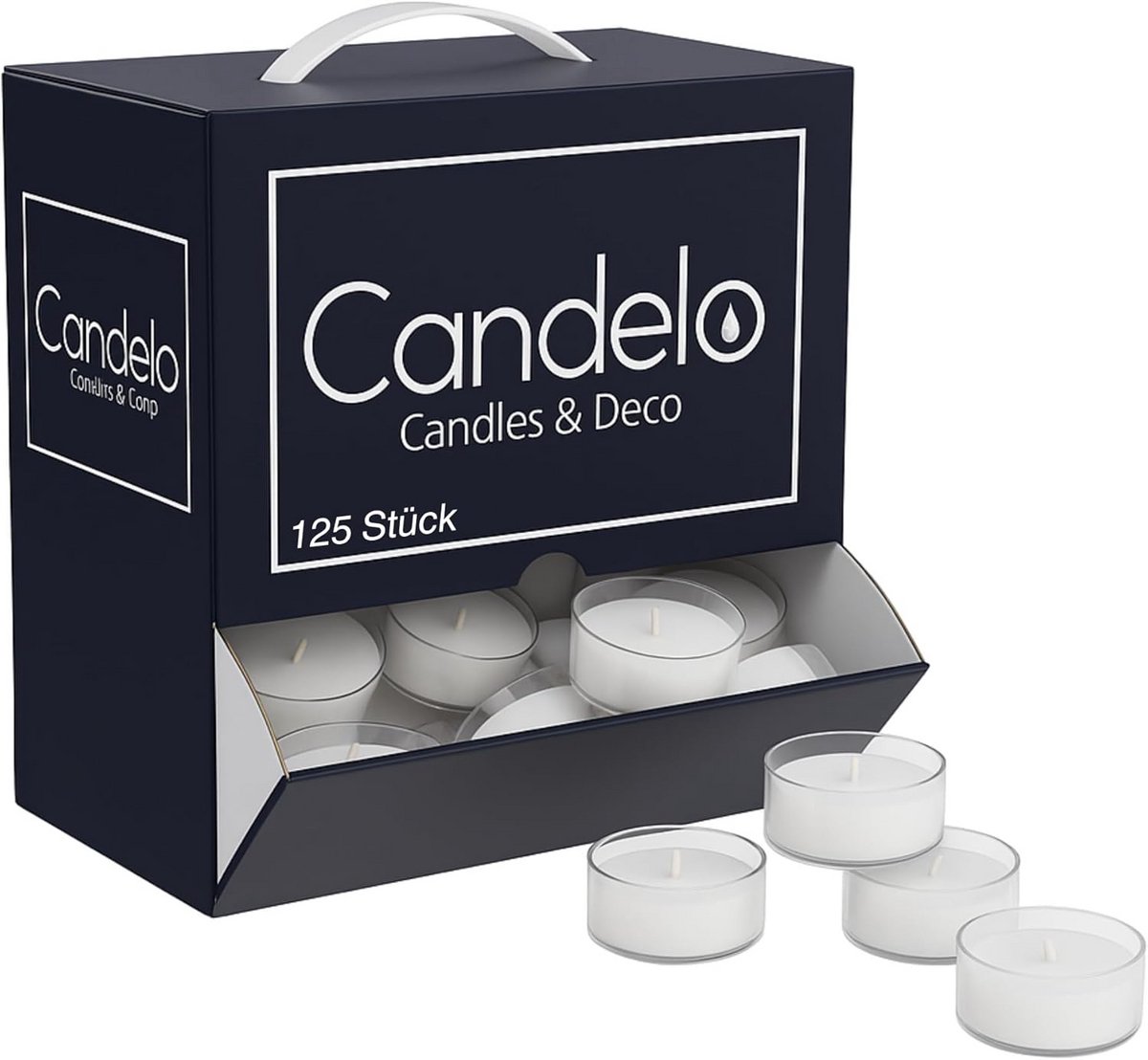 125 Stuks Lange Brandduur Theelichtjes Wit in Handige Dispenser Box