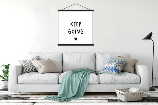 Support pour affiche avec affiche 90 x 90 cm - Affiche scolaire - Citation anglaise « Keep going » avec un cœur sur fond blanc - Affiche textile - Lattes noires