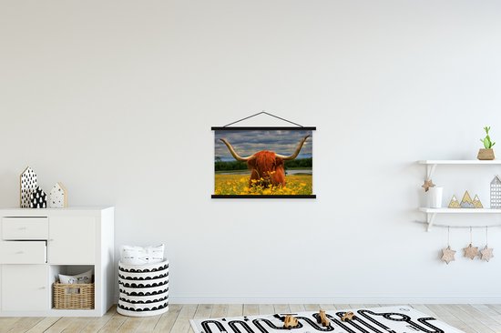 Posterhanger incl. Poster 60x40 cm - Schoolplaat - Schotse Hooglander - Dieren - Bloemen - Textielposter - Zwarte latten