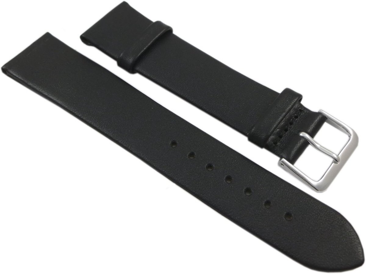 Zacht kalfsleer horlogeband 18 mm zwart met zilverkleurige gesp