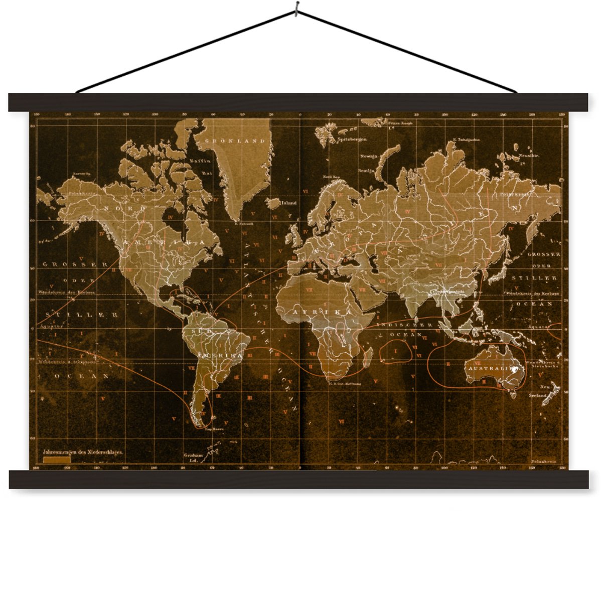 Posterhanger incl. Poster 60x40 cm - Schoolplaat - Klassieke wereldkaart in het bruin - Textielposter - Zwarte latten