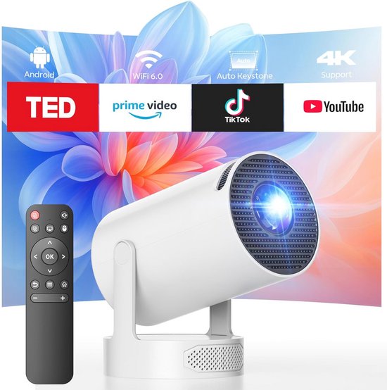 Draagbare HD-projector – 300 ANSI Lumen – 1280×720P Native – 4K/1080P Decodering – Android 11 – Wifi6 & BT5.4 – Voor Thuisbioscoop En Buiten