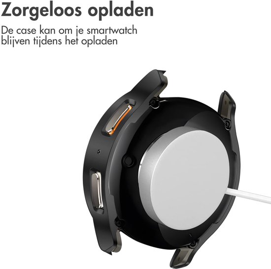 Zwarte smartwatch case met draadloze oplader, 'Zorgeloos opladen'.