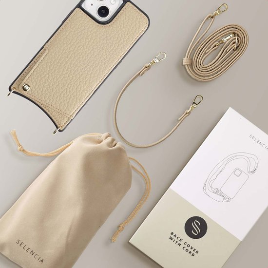 Beige telefoonhoesje met koord, pashouder, stoffen zakje en productdoos.