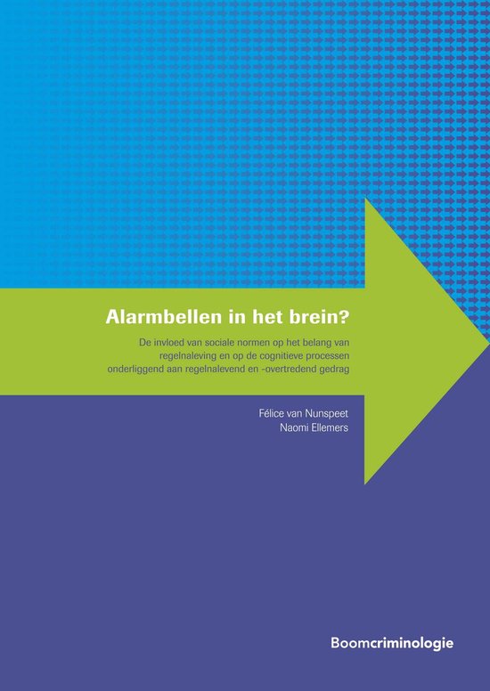 Boek 'Alarmbellen in het brein?' met tekst over sociale normen, regelgeving en cognitieve processen. Pijl groen en blauw met pijlenpatroon.