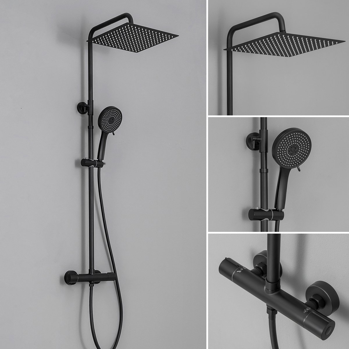 DERW Max Regendouche met Thermostaatkraan - Doucheset Zwart - Regendoucheset - Inclusief thermostaatkraan en planchet Zwart - 12 inch Douchekop