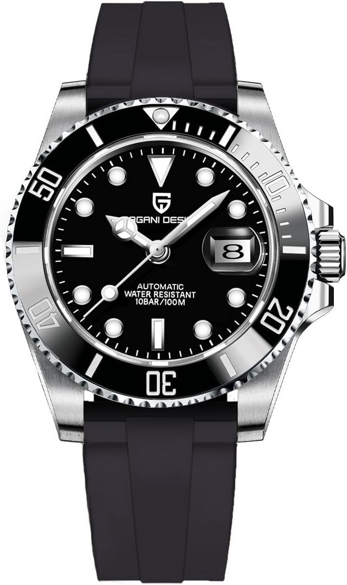 Automatisch mechanisch horloge 40 mm met zwarte wijzerplaat en rubberen band