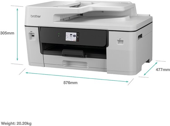 Witte Brother printer met afmetingen 576x477x305mm en gewicht van 20.20kg.
