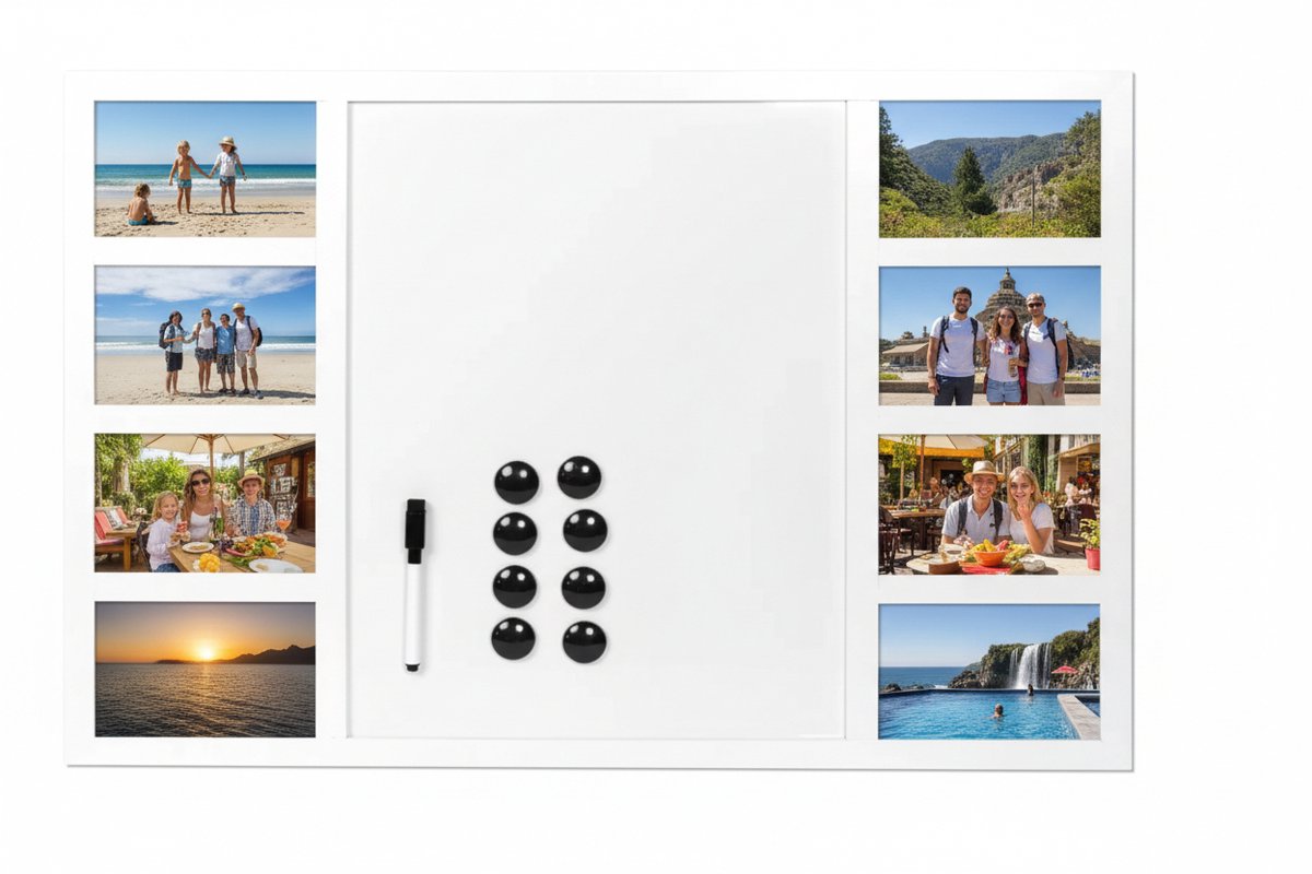Magneetbord - SecaDesign - 47x68cm - Magnetisch Whiteboard fotolijst voor 8 Foto’s met magneten en pen - memobord