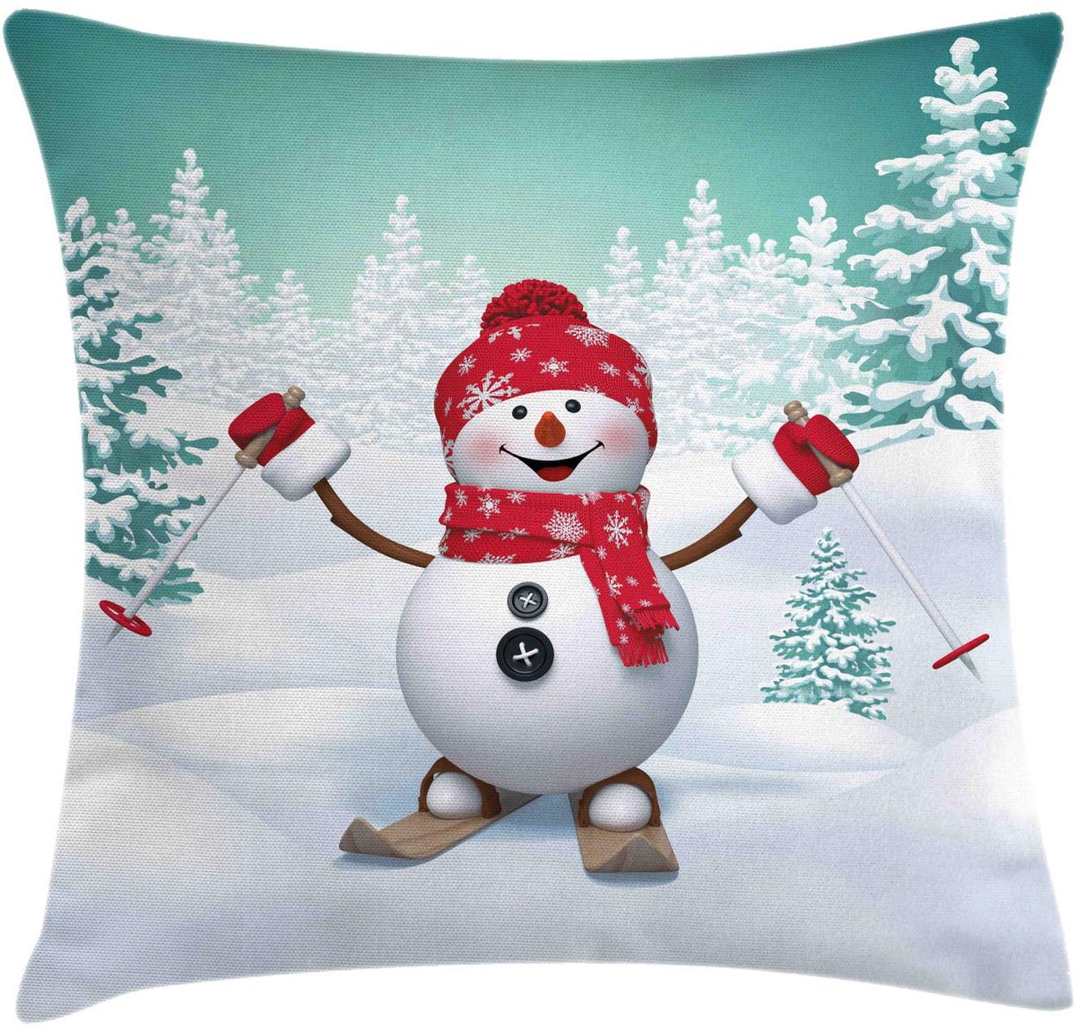 ABAKUHAUS Kussenhoes – Skiën-Sneeuwman-Bomen – 60x60 cm – Teal/Rood/Wit