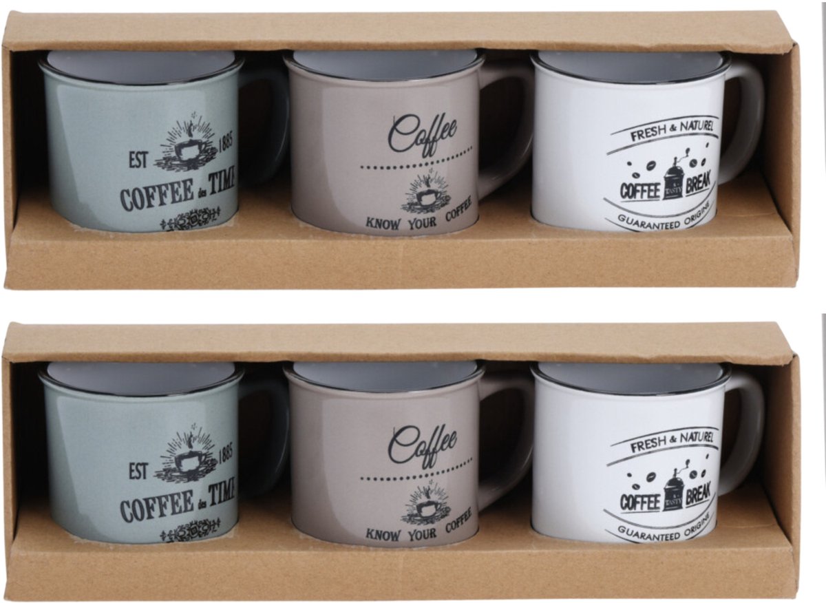Excellent Houseware Koffiemok Cosy - set van 6x - groen / beige / wit - 330 ml - mokken - keramiek