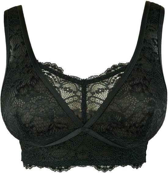 Zwarte kanten bralette met V-hals, bloemenpatroon en brede bandjes.