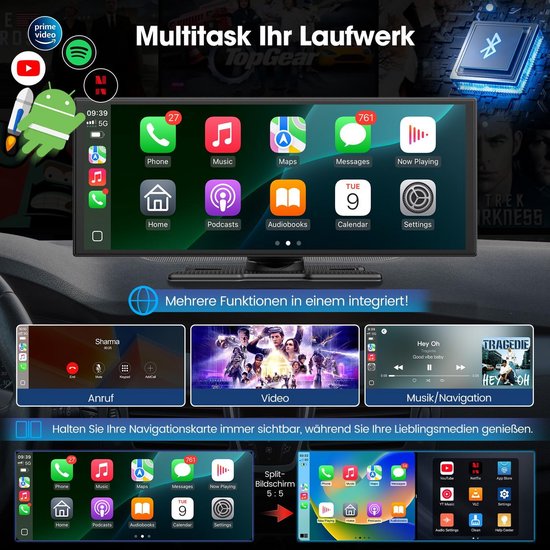 LAMTTO Wireless CarPlay Android Auto Display 10,25 inch In-Cell