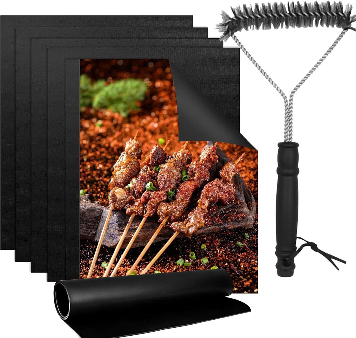 Set van 5 Herbruikbare Grillmatten met Antiaanbaklaag - Inclusief BBQ Borstel