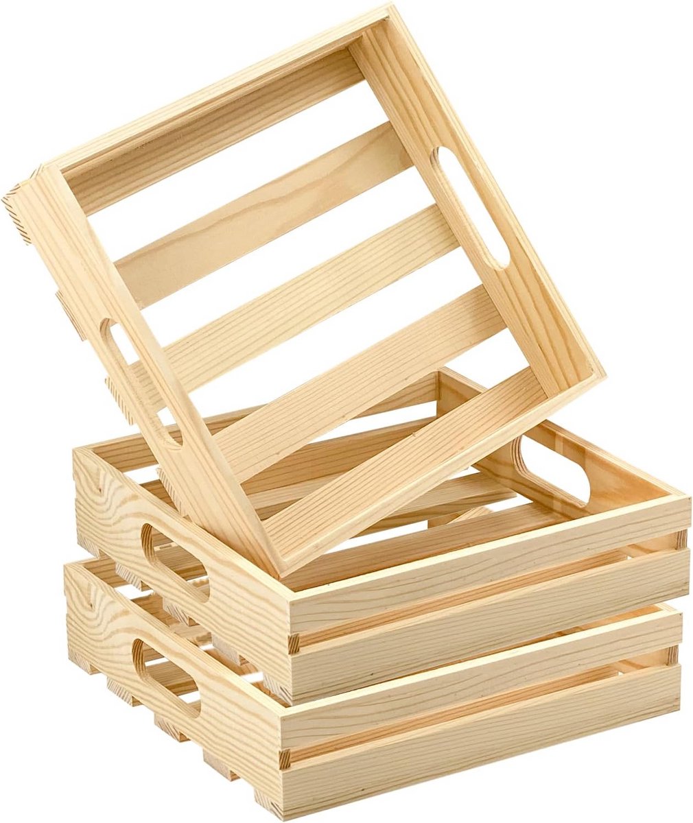 2x Houten Ambachtelijke Kratten met Handvatten - Zelf Decoreren/Opslag